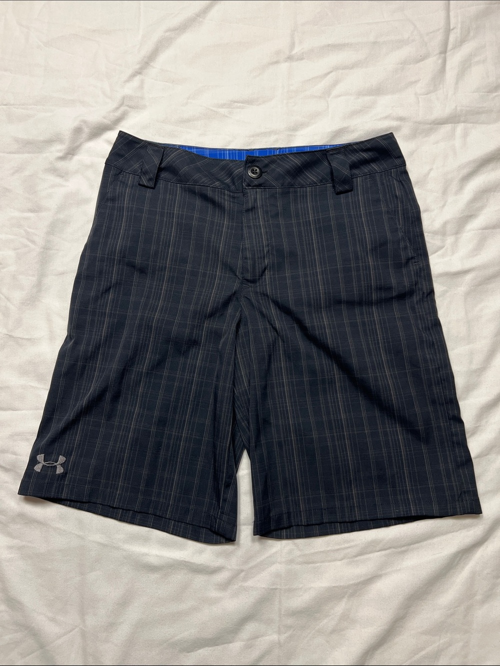 Under Armour Youth Black Pinstripe Golf Shorts with Blue Waistband Accent